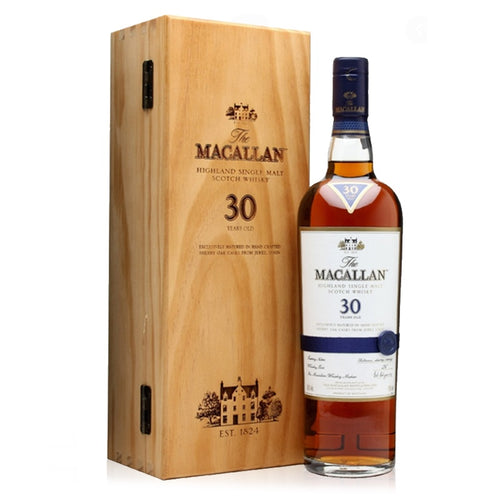 The Macallan 30yr Old Double Cask Scotch Whiskey With Wooden Box and Blue Ribbon